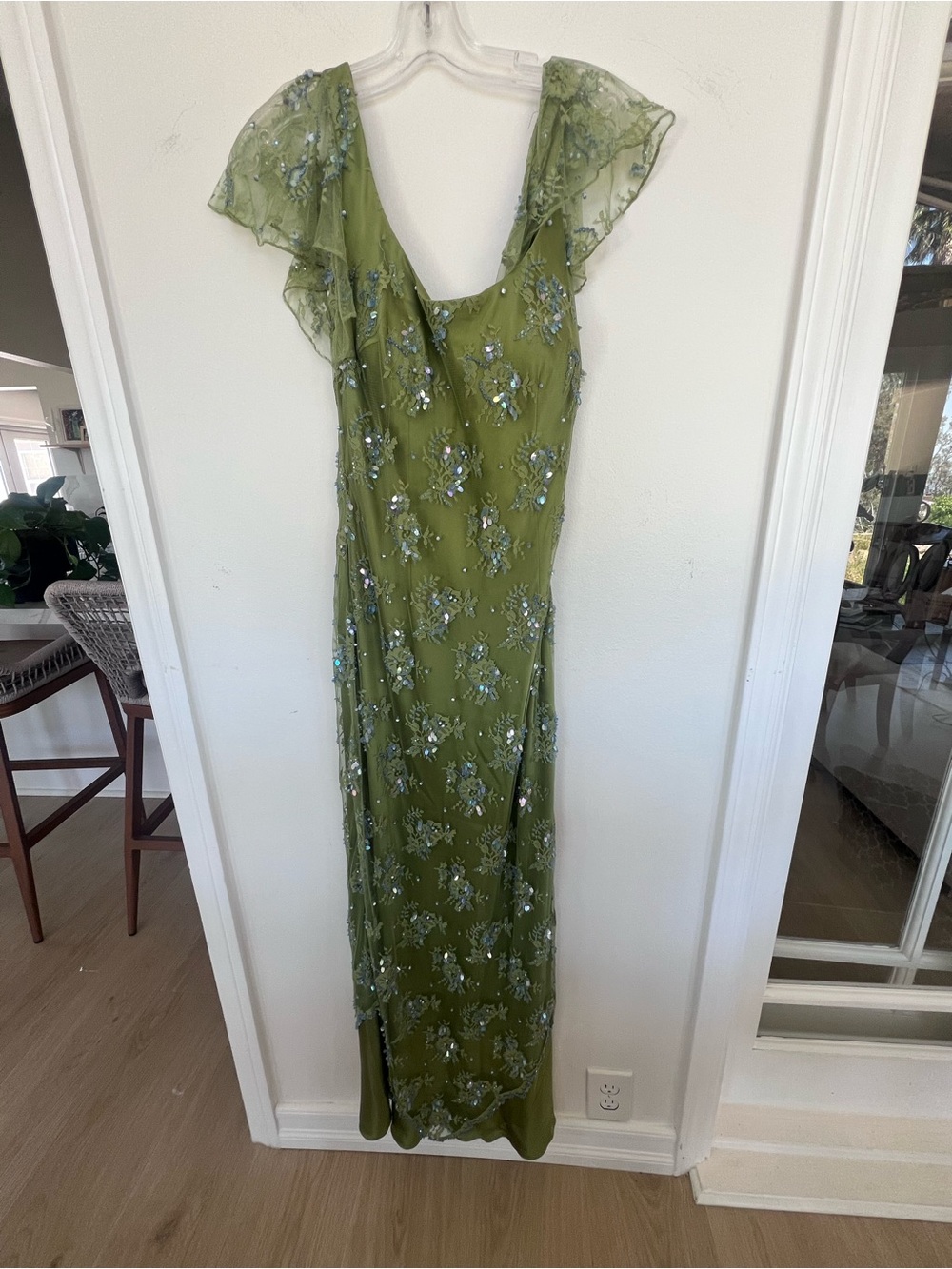 Victoria Royal Womens Silk Beaded Maxi Gown Size 10 Flutter Sleeves Fitted Green - Picture 8 of 13